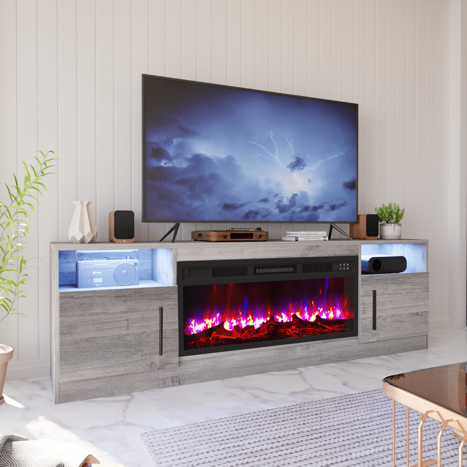 Waleaf Fireplace TV Stand Entertainment Center with 36" Fireplace, 70" Wooden TV Stand for TVs Up to 80", Gray