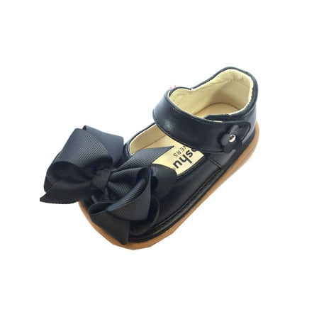 Mooshu Trainers Baby Girls Black  Squeaky Cute Bow Mary Jane Shoes 4