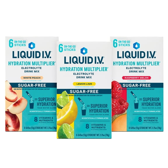 Liquid I.V.® White Peach, Lemon Lime, Raspberry Melon Sugar Free Hydration Multiplier® Variety Pack, 6 Count Packets, 3 Pack