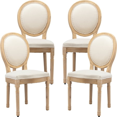 French Country Dining Chairs Set of 4, Cream Kitchen & Dining Room Chairs Set of 4, Ivory Linen Upholstered Dining Chairs, Wood Legs, Sillas De Comedor (Fabric, Beige, 4Pcs)