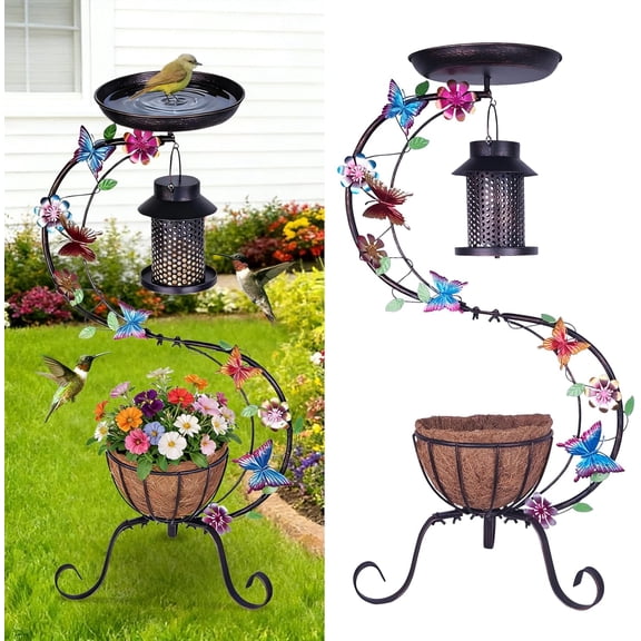 3-in-1 Vintage Bird Bath & Detachable Hanging Bird Feeder with Flower Planter, Metal Heavy Duty Outdoor Birdbath, Weather Resistant Decor for Garden Yard Lawn