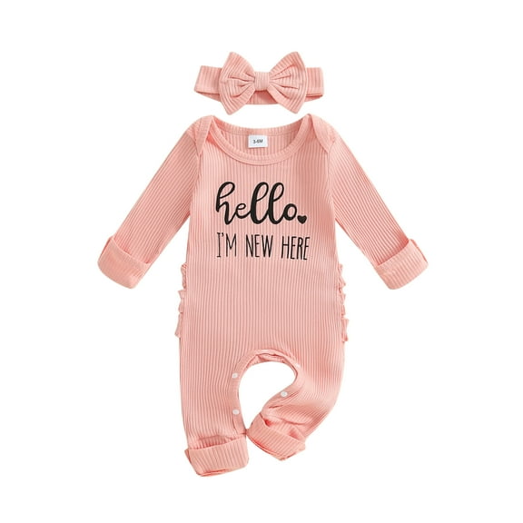 Spewahor Infant Baby Girl Fall Romper Letter Print Ribbed Long Sleeves Round Neck Full Length Jumpsuit with Headband