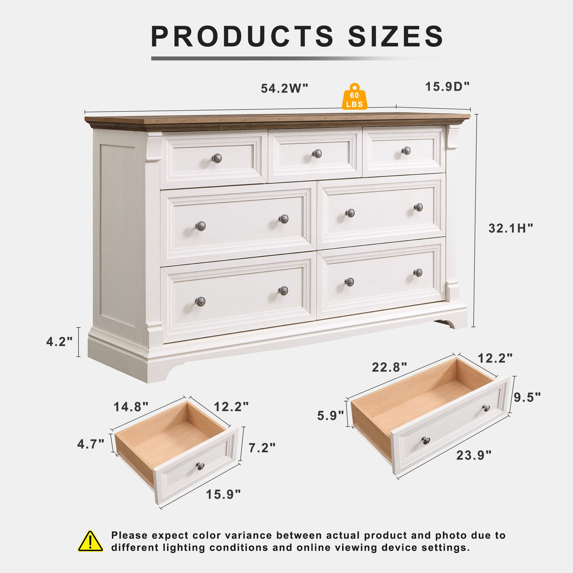 KeyWhat 54" Farmhouse 7-Drawer Dresser with Handles for Bedroom, Living Room , Hallway