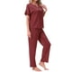 thumbnail image 4 of INSPIRAR CHIC Pijamas de Satén para Mujeres, Camisa de Manga Corta con Cuello en V y Pantalones Largos, Conjunto de Ropa de Casa Suave Pjs Set L Rojo, 4 of 6