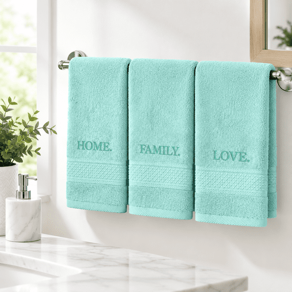 3 Decorative Hand Towels Bathroom Set Aqua Home Love Family