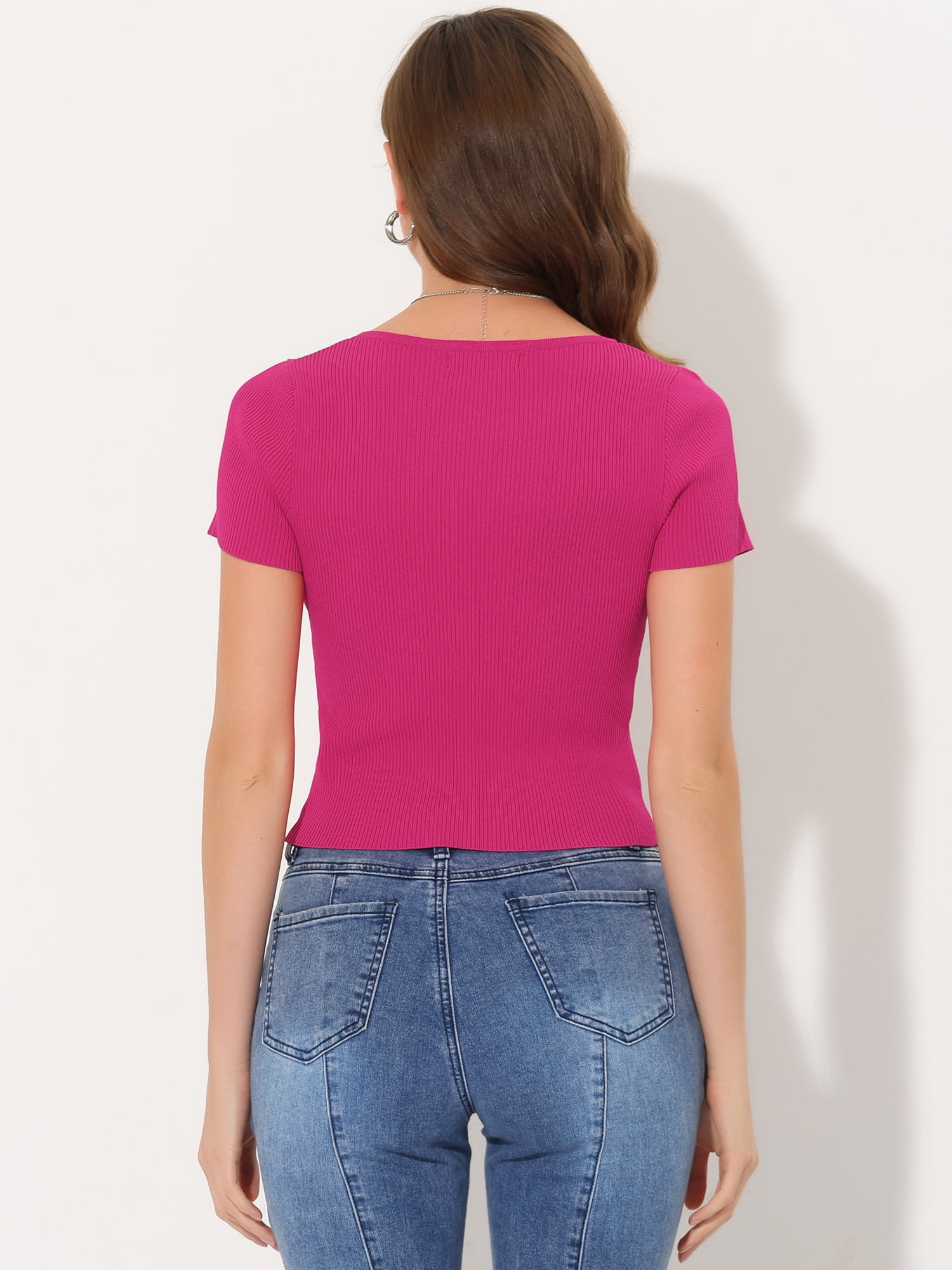 Unique Bargains Striped for Women's Casual Knitted Short Sleeve Kint Crop Top S Rose Red