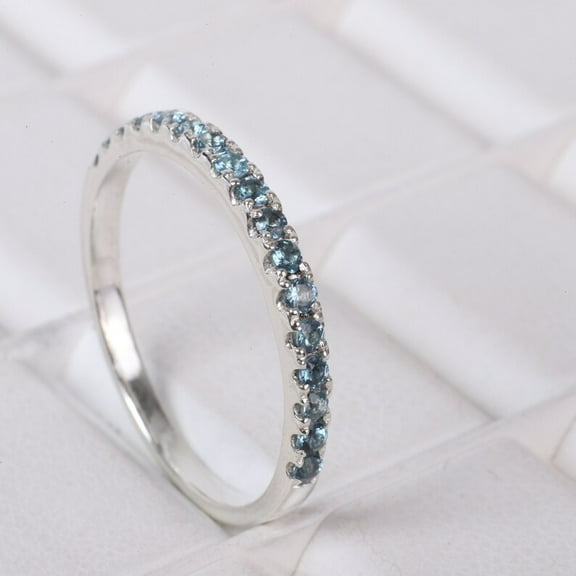 Aquamarine Half Eternity Wedding Band, Women's Proposal Band, March Birthstone Jewelry, Stackable Anniversary Gift, Match Birthstone