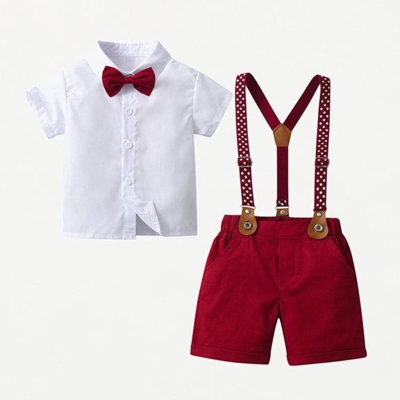 Xijirk Toddler Boys Dressy 2-Piece Set Button-Up Shirt with Bow Tie and Suspender Shorts Holiday Gatherings,3-4 Years