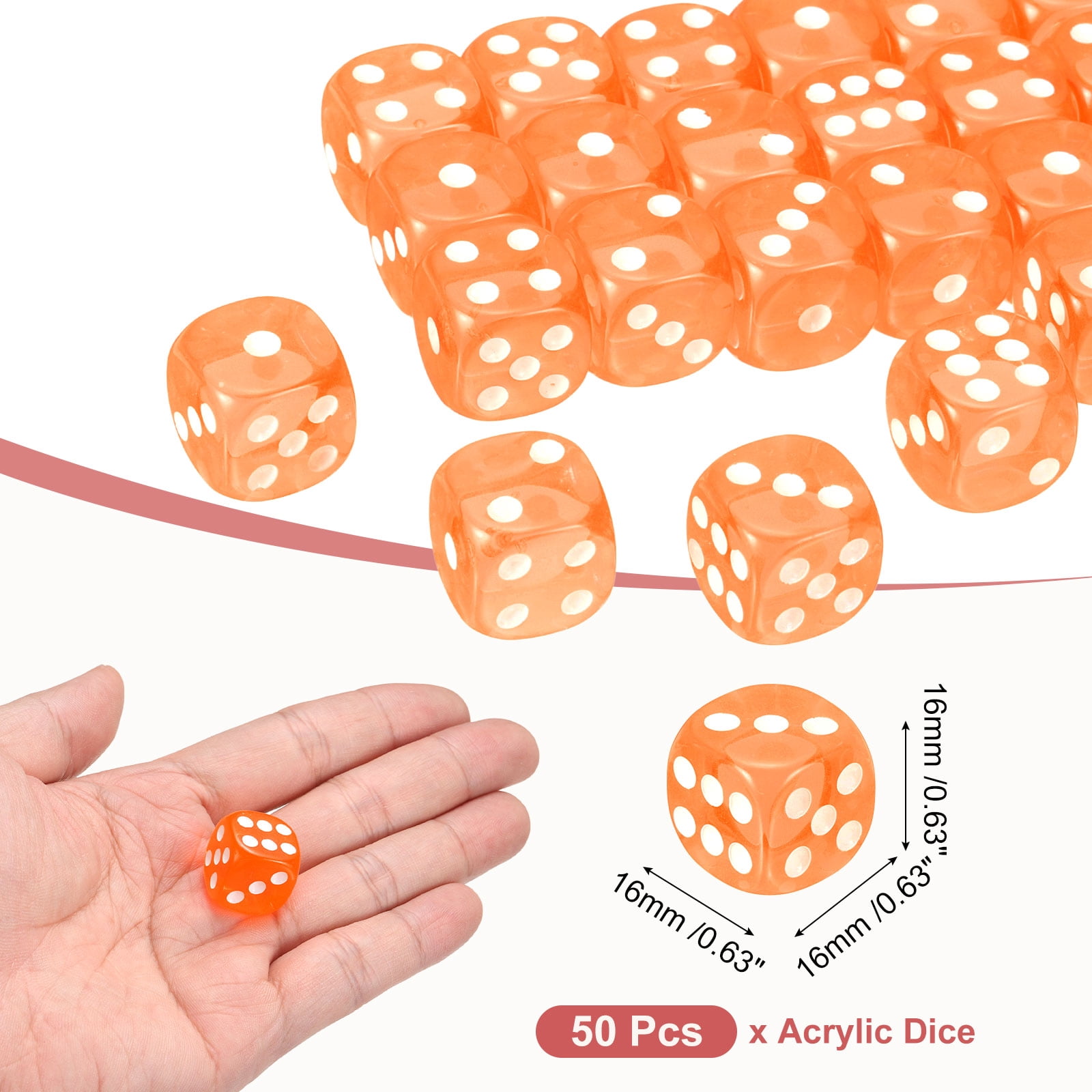 50Pack 6 Sided Acrylic Dice, 16mm/0.63" Rounded Corner Translucent Colored D6 Game Dice for Theme Party Fun Table Board Games, Orange