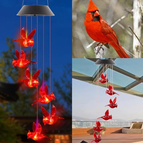 Solar Wind Chimes for Outside,Cardinal Solar Hanging Lights Outdoor Wind Chime for Garden Patio Decor,Unique Gifts for Mother Mom Grandma Women Birthday