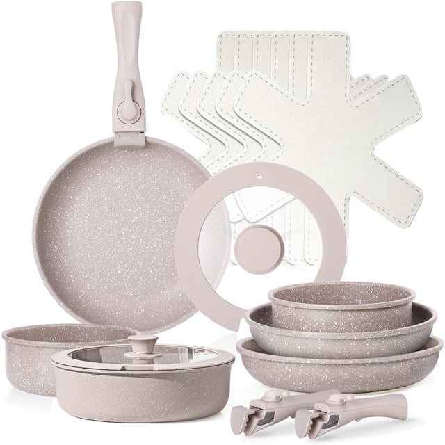 Juego de 16 Ollas y Sartenes con Mango Desmontables, Alta Antiadherente, Bateria de Cocina Con Tapas y Cojín, Sartén para Freír Apto para Lavaplatos, Cocina de Inducción y Horno