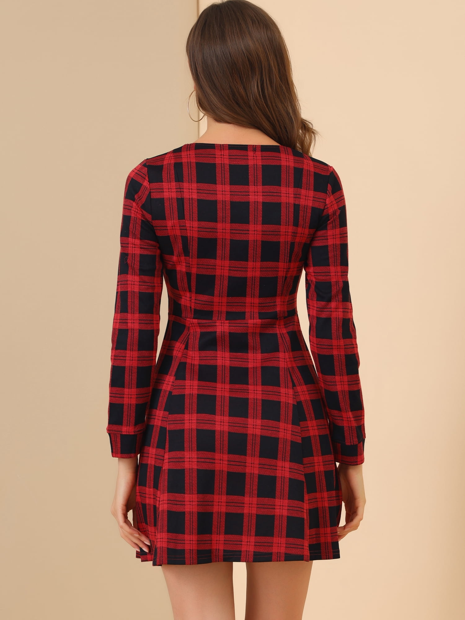 Unique Bargains Women's Plaid Vintage Zip up Long Sleeve Fit and Flare Mini Dress M Red