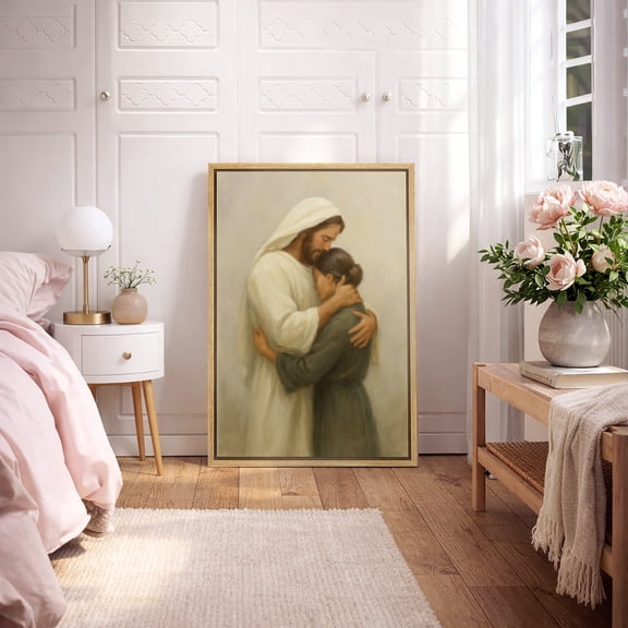 Framed Canvas Print Jesus Wall Art Christian Decorative for Living Room Bedroom - 16"x24" NATURAL