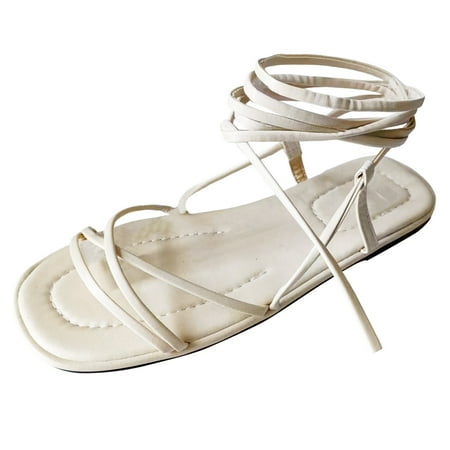 

Ladies Fashion Summer Leather Strap Combination Open Toe Ankle Strap Flat Sandals Knot Sandals for Women Cute Sandals for Women Beach