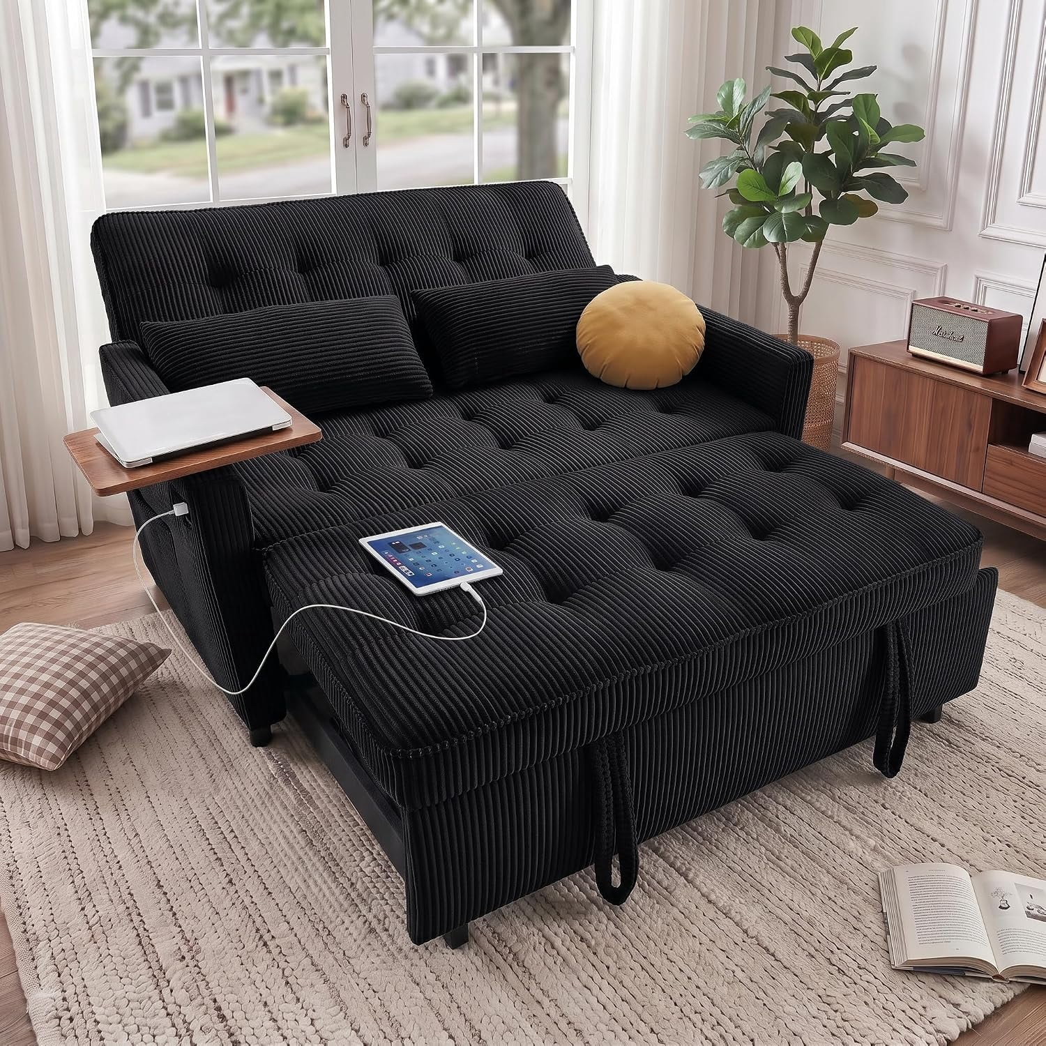 55" Sleeper Sofa Bed, Convertible Pull Out Couch with Side Stand, USB Ports, Side Pockets, Corduroy Fabric, Adjustable Backrest, Black