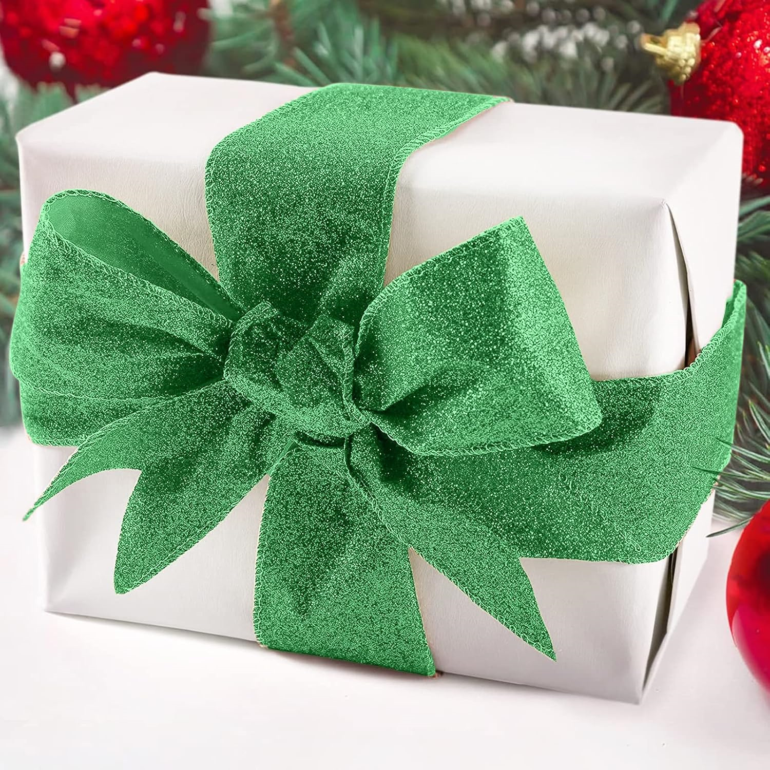 2 Rolls Christmas Ribbon,Bexikou Metallic Glitter Ribbons for Gift Wrapping,Green Wired Edge Ribbon for Christmas Tree Wreath DIY Crafts Home Party Holiday Decoration, 2.5" x20 Yards