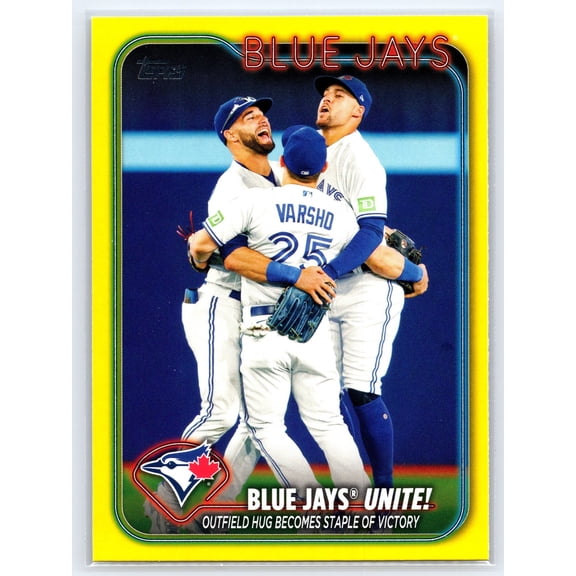 2024 Topps Blue Jays Unite Outfield Hug Becomes Staple Of Victory #167 Yellow Toronto Blue Jays Baseball Card