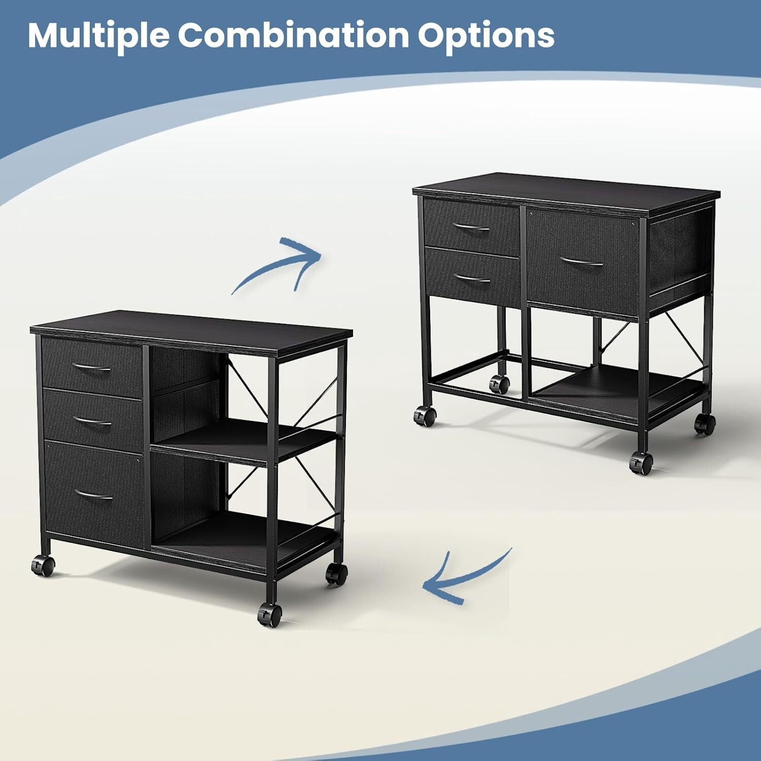 Bigleap 3-Drawer Mobile File Cabinet, Rolling Storage Cabinet with Open Shelf, Fabric Filing Cabinet for Home Office, Under-Desk Storage, Black