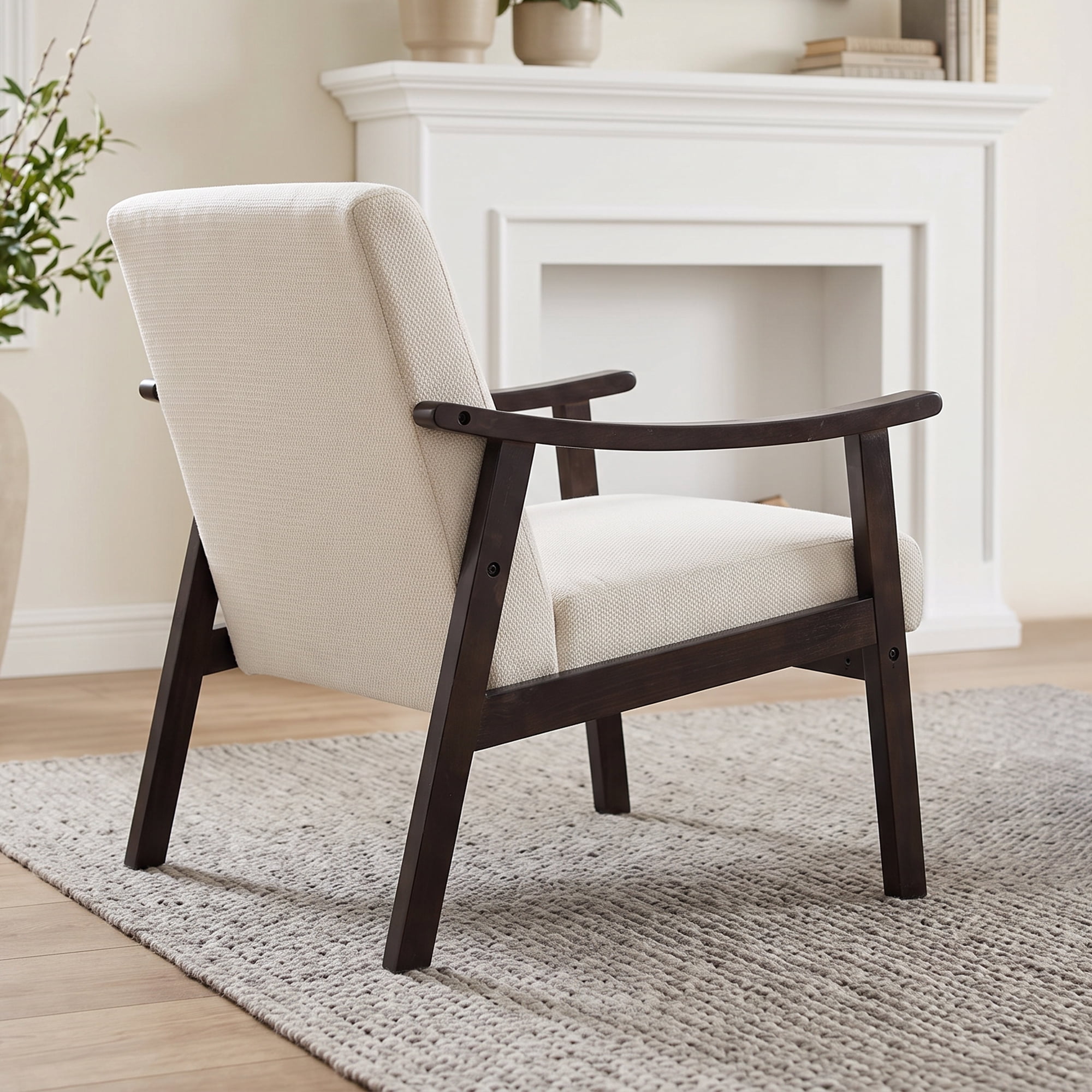 HOQBN Modern Armchair with High Back,Upholstered Living Room Chairs with Solid Wood Legs,Leisure Reading Chair for Living Room, Bedroom,White