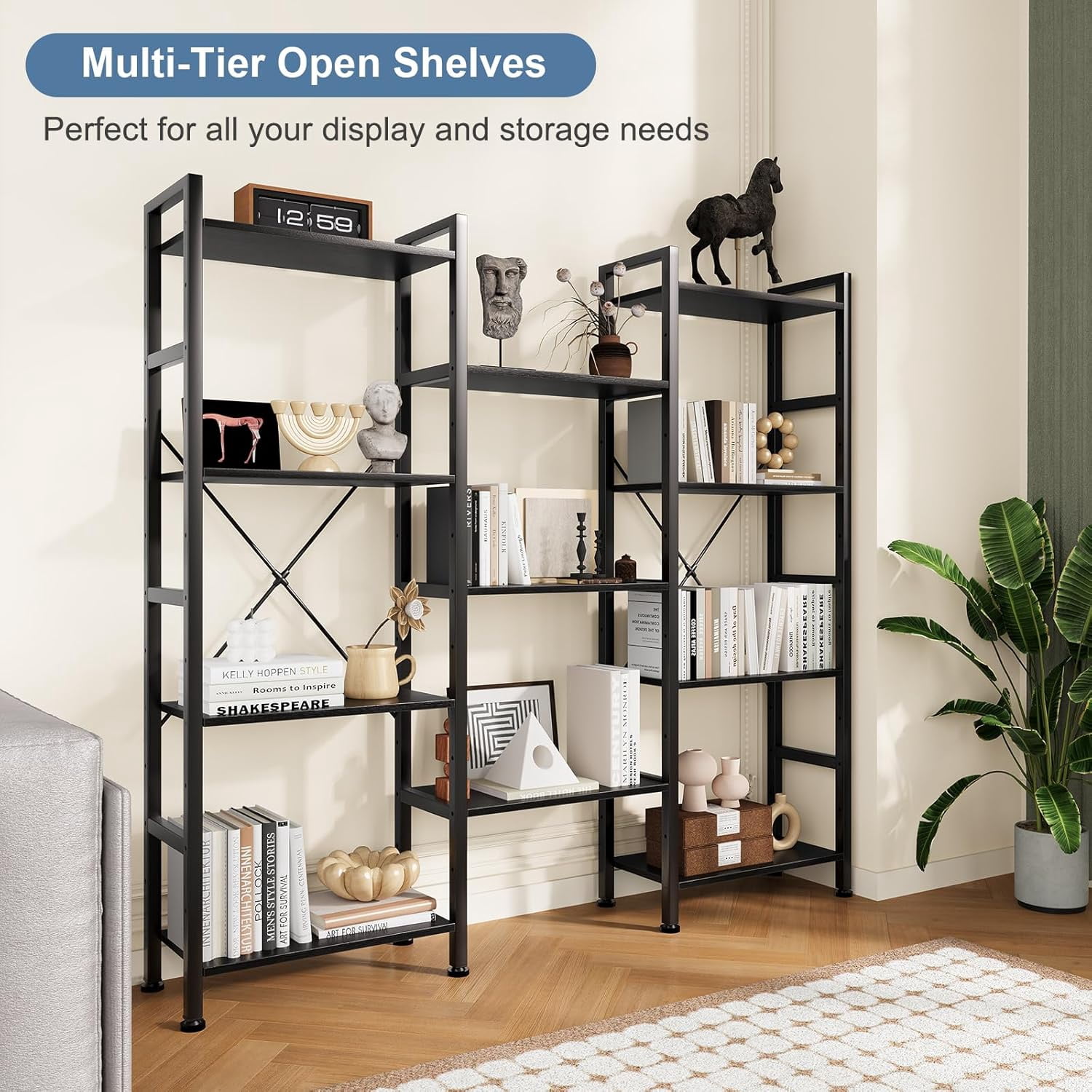 Atilioo Triple Bookshelf, 4-Tier Wide Bookcase with 11 Open Tall Display Shelves, Modern Industrial Book Shelves for Living Room Home Office, Black