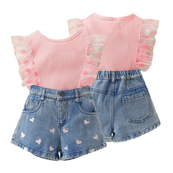 KYAIGUO 1-6Y Toddler Baby Girls Demin Shorts Set 2PCS Summer Sleeveless Ruffle Shirt Tops Jeans Shorts Set Outfits