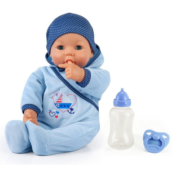 Hello 18" Baby Boy Doll W/ Blue Boat, Pacifier, Bottle, Matching Cap