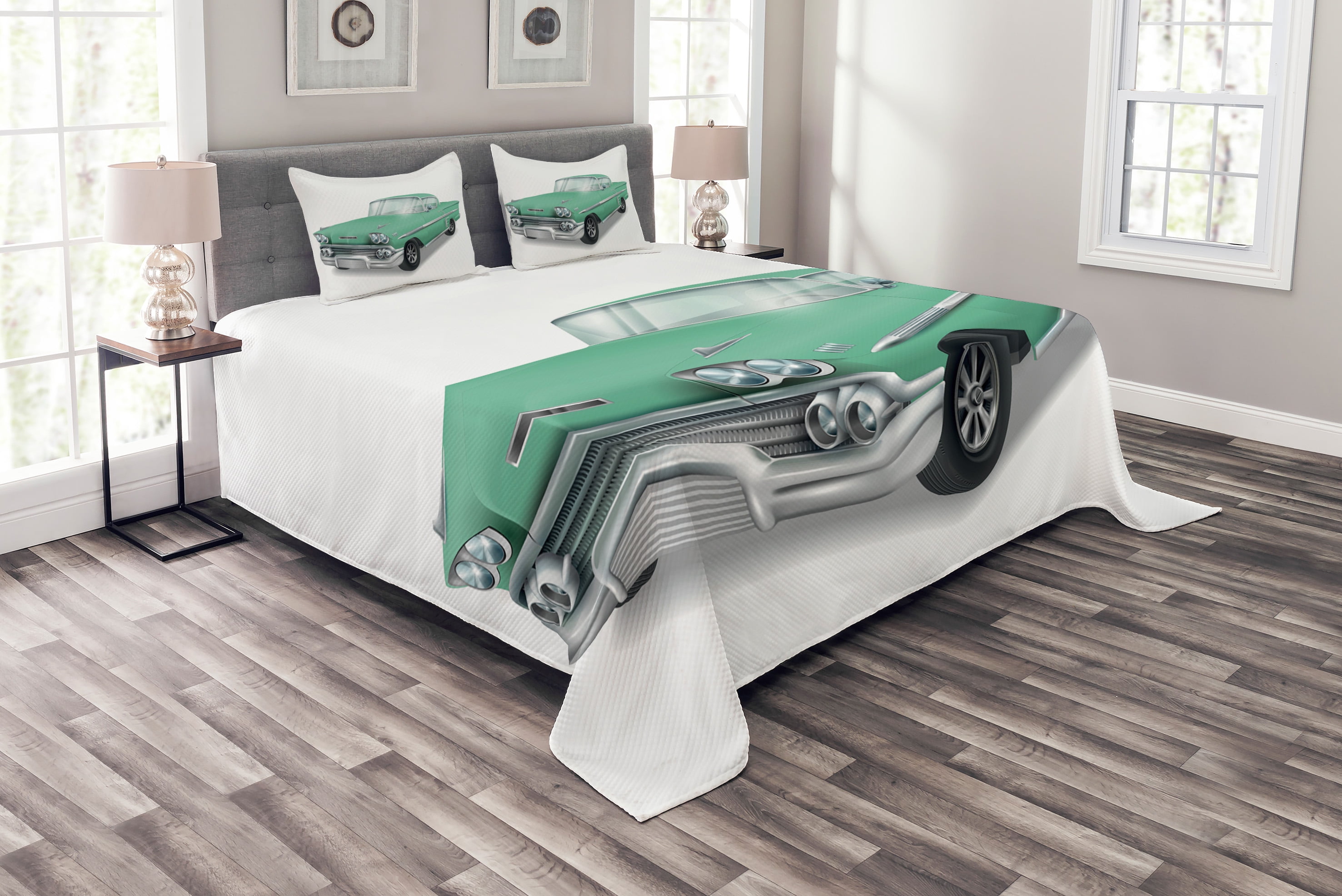 Cars Bedspread Set King Size, Veteran Classical Green Car Historic