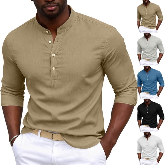 Fengqque Men's Half Collar Solid Color Shirts Long Sleeves Slim Fit Blouse Button Tops White XL