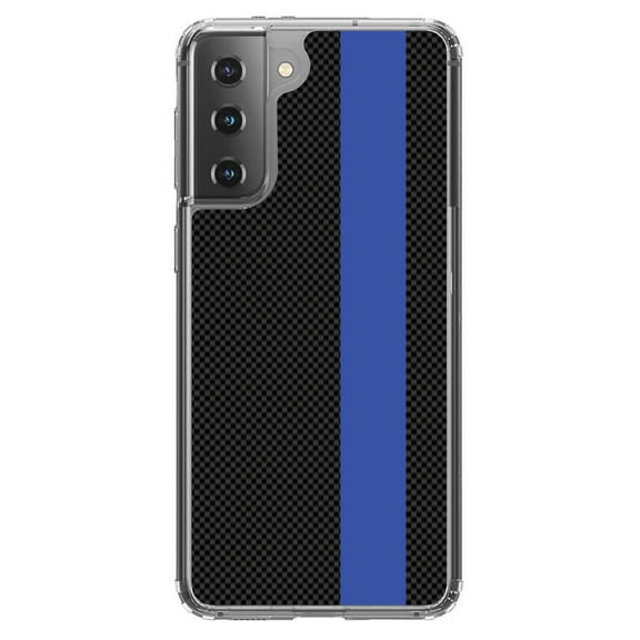 DistinctInk Clear Shockproof Hybrid Case for Galaxy S21  PLUS 5G (6.7" Screen) - TPU Bumper, Acrylic Back, Tempered Glass Screen Protector - Thin Blue Line Grey Black Carbon Fiber Print