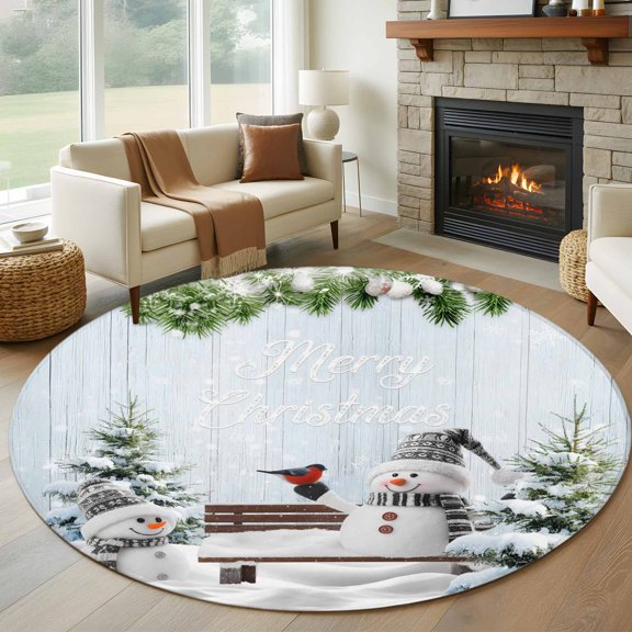 Christmas Snowman Round Rug 5ft Washable Circle Kitchen Rugs Non Slip Xmas Pine Tree Cardinal Birds Snowy Large Area Rug Indoor Floor Carpet for Bedroom Living Room Home Office Dining Room Nursery