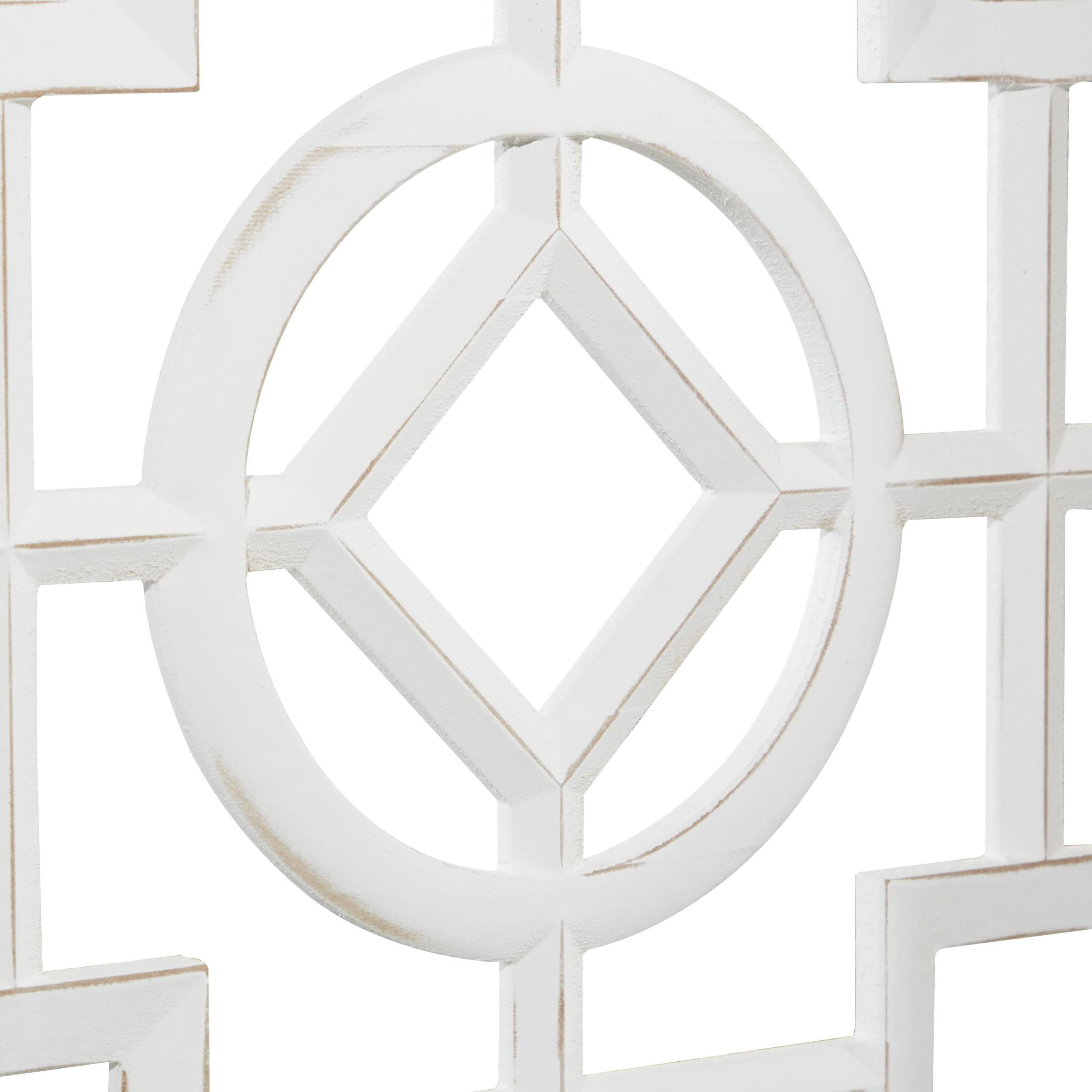 DecMode White/Pastel Brown Farmhouse Wood Room Divider Screen with Geometric Carvings, 54"W x 72"H