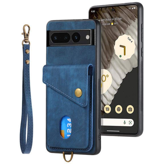 SaniMore Case for Google Pixel 7 Pro 6.7" 2022, [Flip Card Slot Design Kickstand] Removeable Wrist Strap Magnetic Car Mount Wear-resistant PU Leather Skin Shockproof Anti-drop Shell, Blue