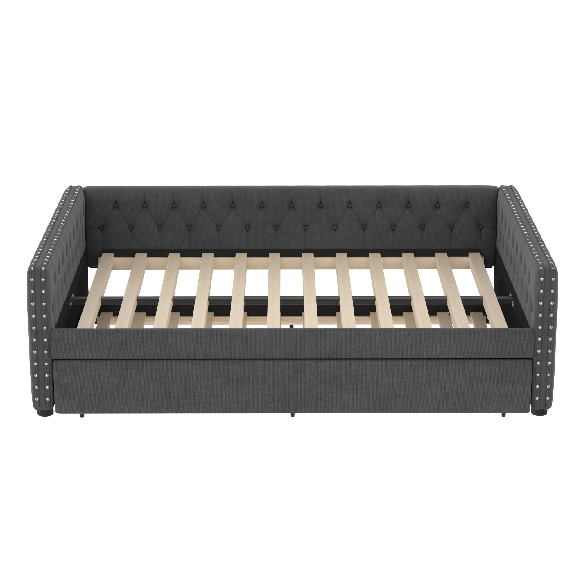 Full Size Upholstered Daybed with Trundle,Tufted Sofa Bed with Button & Copper Nail on Square Arms,Gray