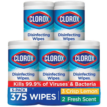 Clorox Disinfecting and Cleaning Wipes, Crisp Lemon and Fresh Scent, 75 Count Each, 5 Pack