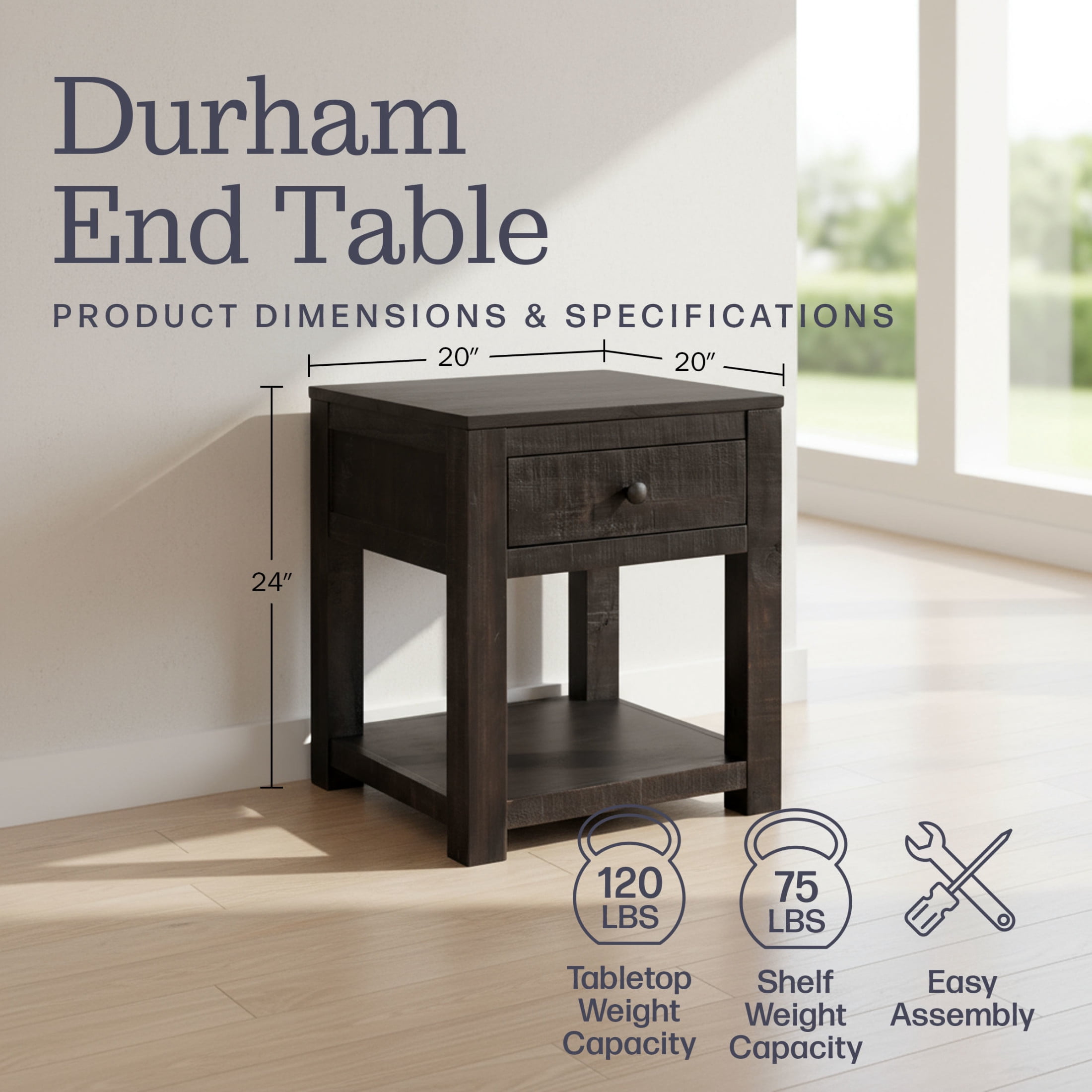 Alaterre Furniture Durham Living Room Side Table - 20in End Table with Drawer and Shelf, Dark Brown