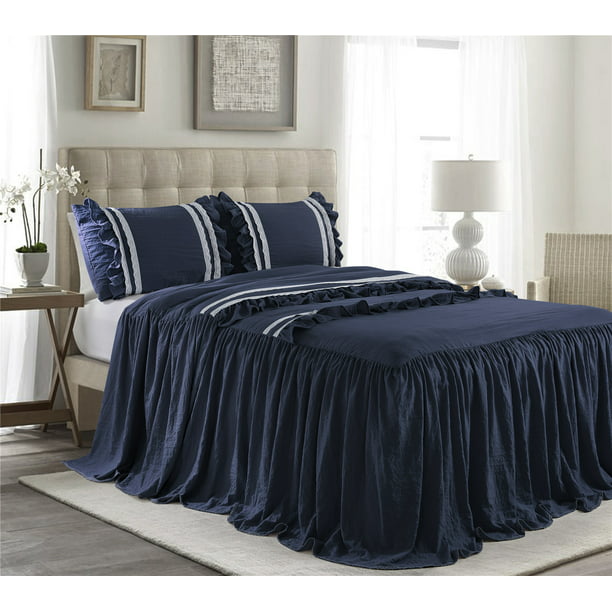 HIG 3 Piece Ruffle Skirt Bedspread Set Queen-Navy Color 30 inches Drop Ruffled Style Bed Skirt ...