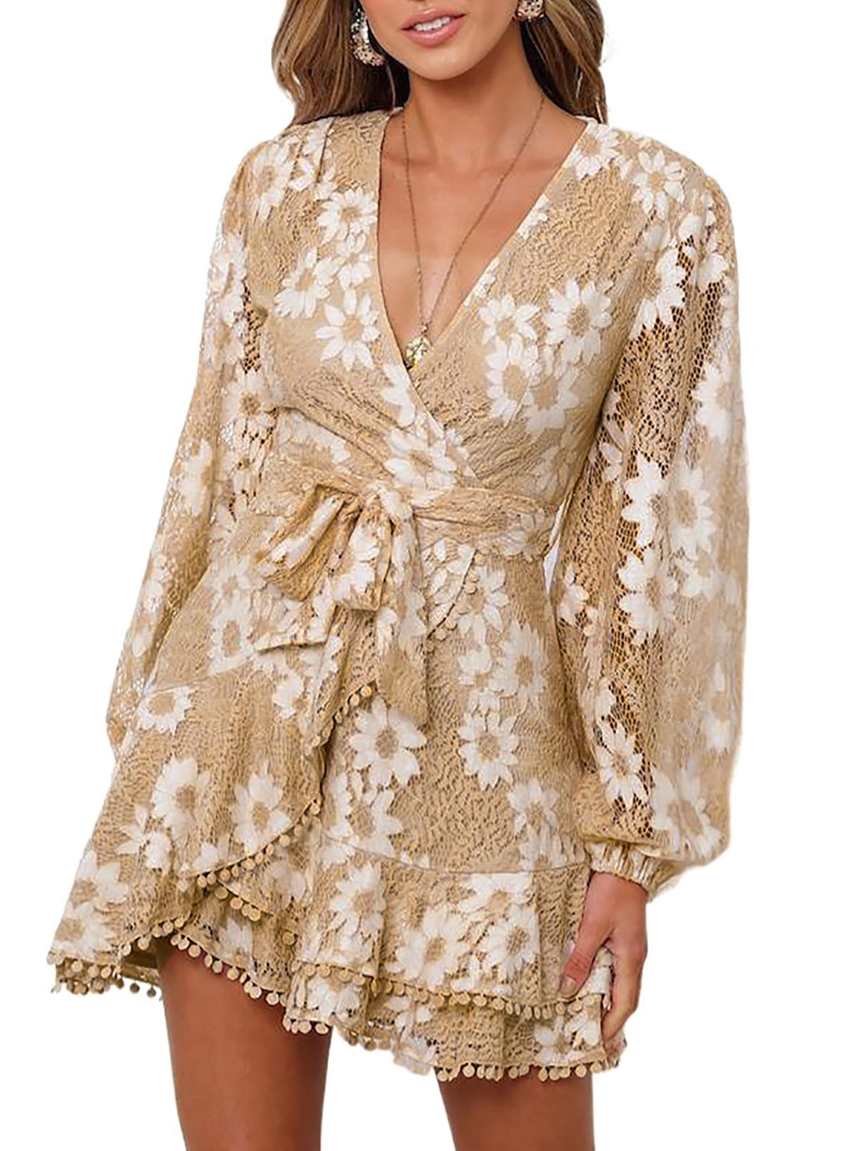 Dearlove Womens Lace Wrap Mini Dress V Neck Puff Sleeve ALine Dress