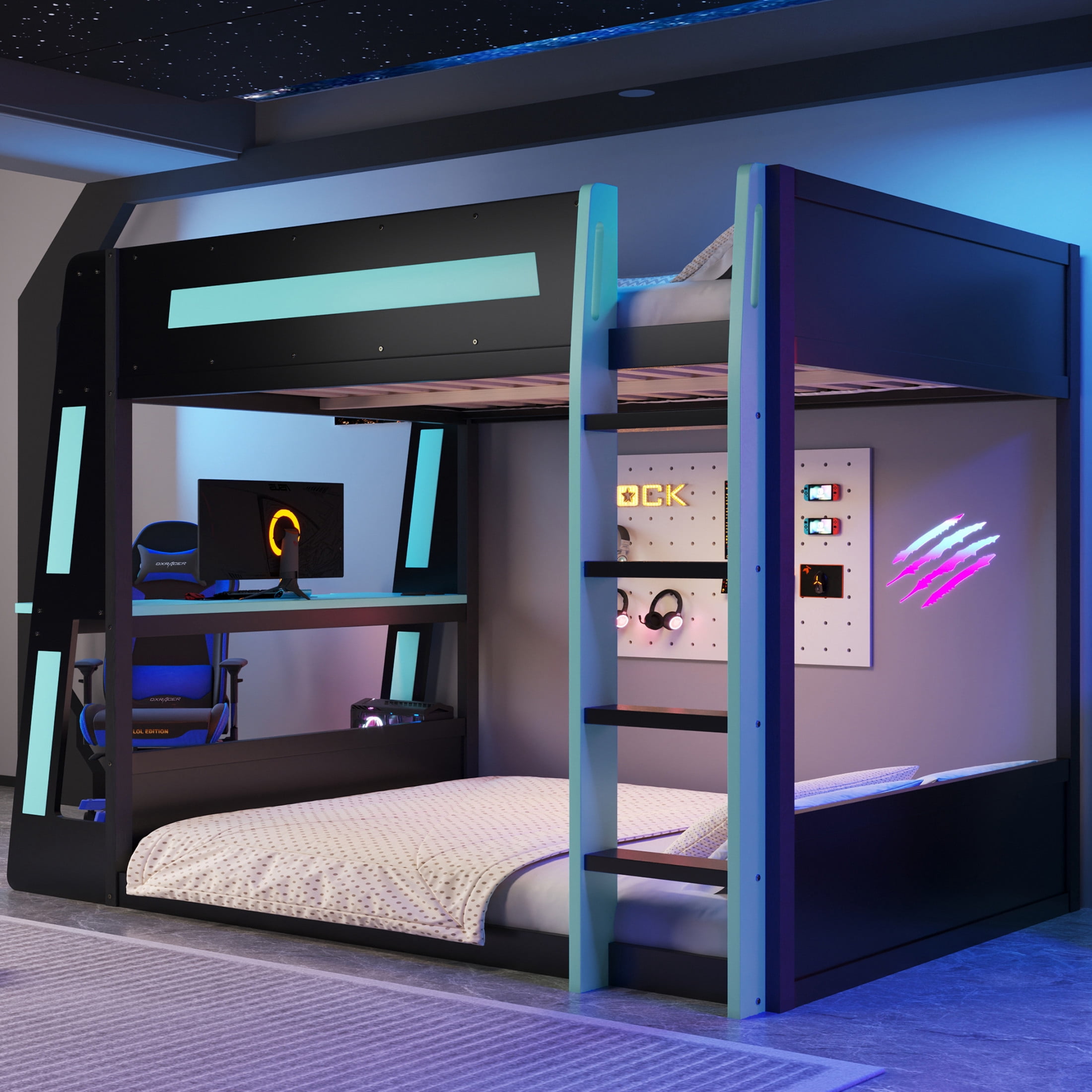 Noble House Nira Full Gaming Bunk Bed with Desk and LED Lights, Wood Loft Bed with Charging Ports, Black and Blue