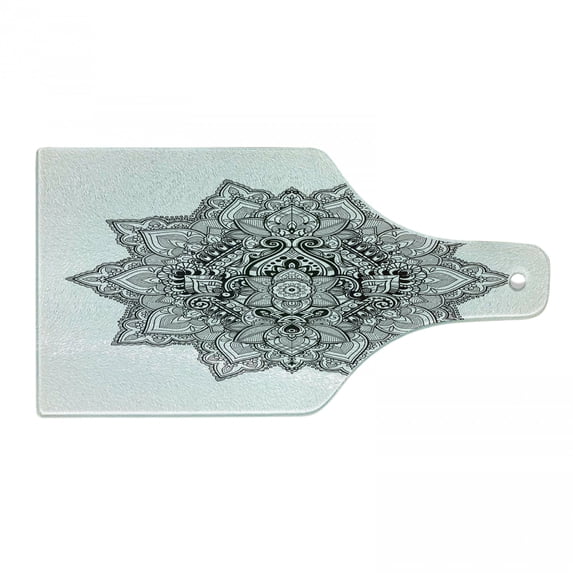 Lotus Cutting Board, Mandala with Aztec Tribal Textured Ornamental Cosmos Floral Pattern, Decorative Tempered Glass Cutting and Serving Board, Wine Bottle Shape, Grey Black, by Ambesonne