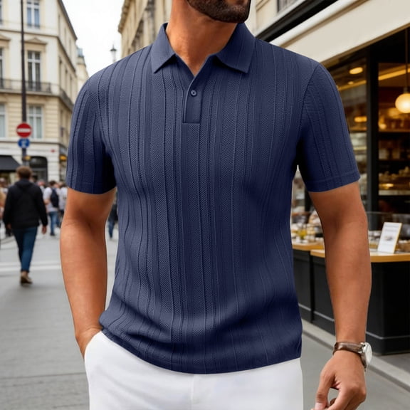 CHENHANN Men's Polo T Shirts Short Sleeve Button Down Ribbed T Shirts Slim Fit Blue Fashion Clothing for Men