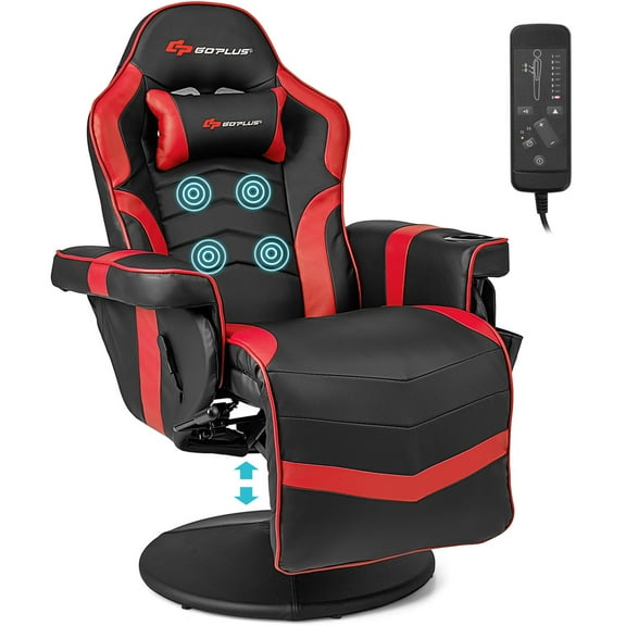Goplus Massage Gaming Recliner Height Adjustable Racing Swivel Chair with Cup Holder Red