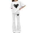 thumbnail image 2 of EnJoCho Girls Heart 2 Piece Outfit Set Kids Short Sleeve Top Baggy Legging Flared Pants Cute Graphic Casual Outfit School Trendy Little Girls Linen Short Sleeve Pants Outfit, 2 of 5