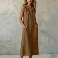 thumbnail image 4 of ClodeEU Women's V Neck Sleeveless Linen Blend Hooded Midi Dress,Casual Loose Fit Dress with Pockets Brown,Women's Plus XXL, 4 of 7