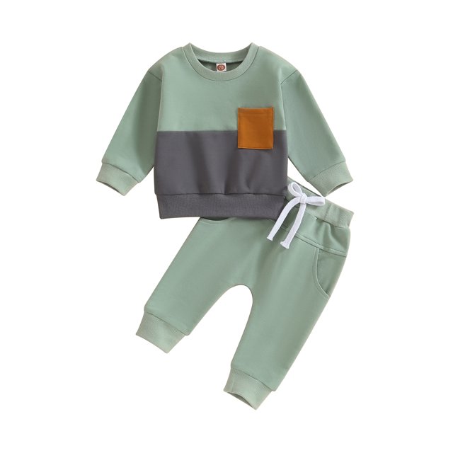 ZAXARRA Vêtements pour Bébé Garçon Ensemble Chandail en Molleton Col Rond Contrasté et Pantalon Long Couleur Unie 2 Pcs Tenues d'Automne