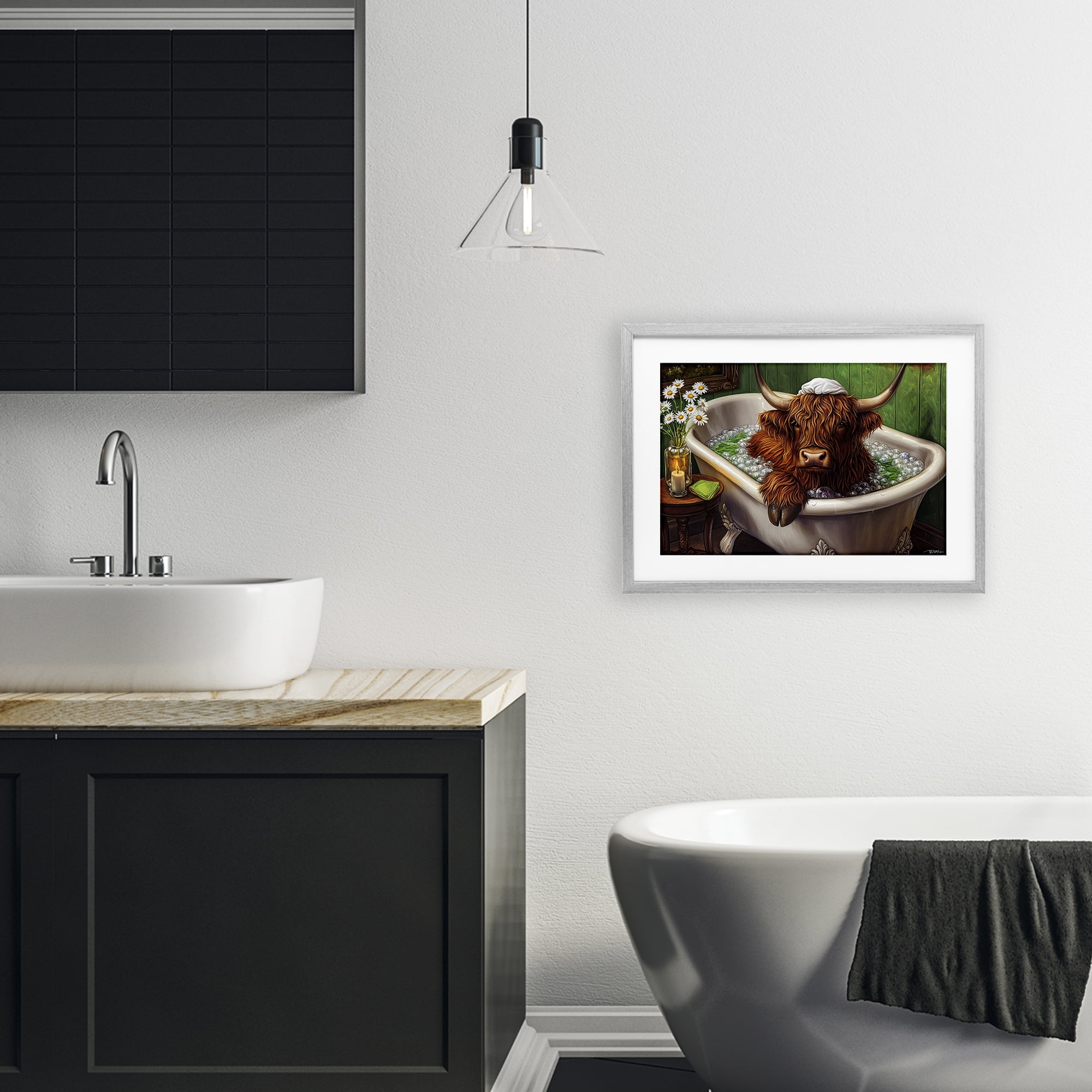Highland in Candle Lit Bubble Bath Gray Framed Print Under Glass, design by Momart