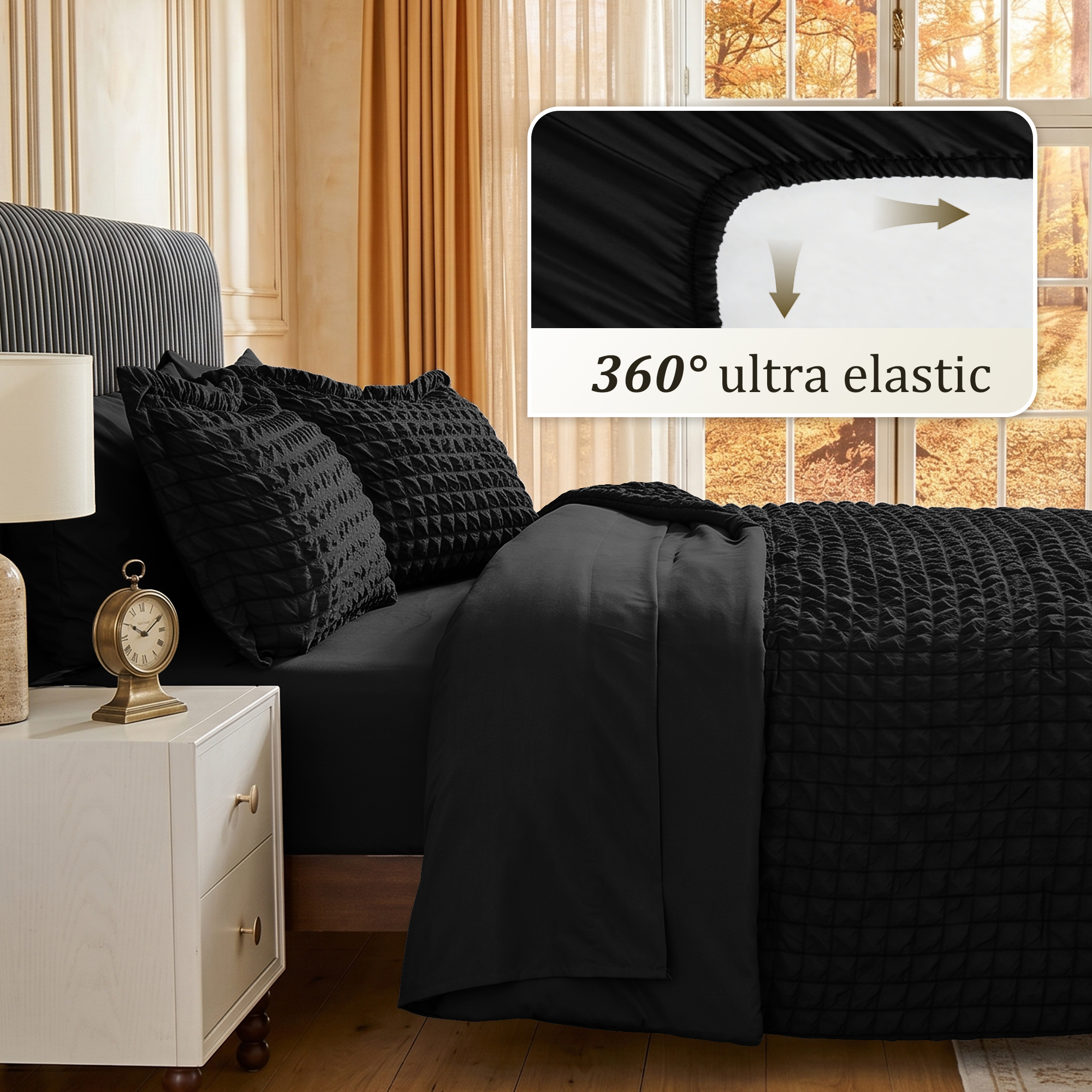 Juego de Edredón DHOLE Tamaño Queen de 7 Piezas – Textura Seersucker Tejido Waffle en Bolsa, Juego de Ropa de Cama de Microfibra Ligera para Todas las Estaciones con Sábanas y Fundas de Almohada, Decoración Rústica Vintage – Negro 7