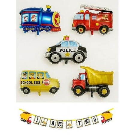 Transport theme birthday decoration/School Bus Foil/rain Foil Balloon for Kids Party/Police Theme foil - Pack of 5 With Happy Birthday Decorations Construction Theme I am Two Bunting Flag Banner
