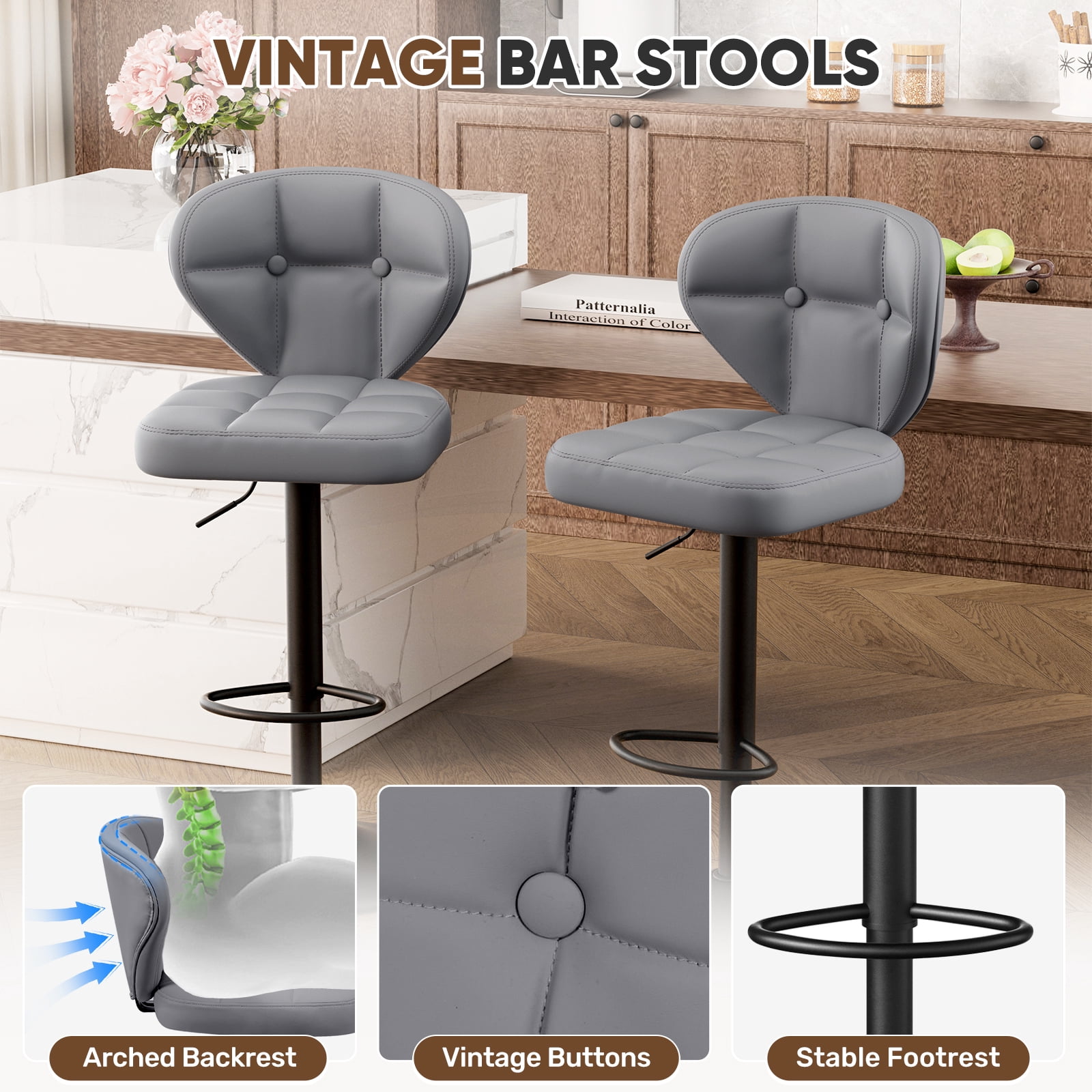 Hawsaiy Vintage Style Leather Bar Stool Set of 2 with Button-Tufted Design,Dark Gray