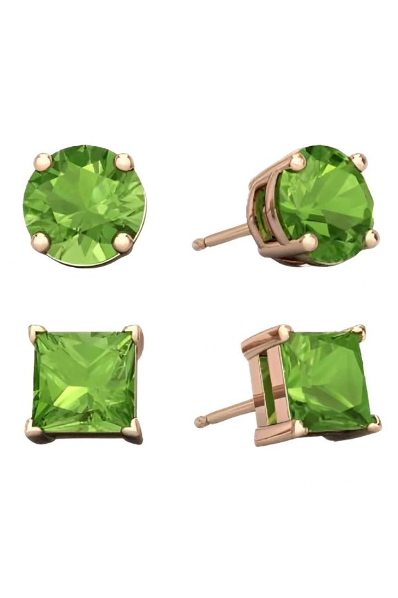 18k Rose Gold 2 Pair Created Peridot 4mm Round & Princess Cut Stud Earrings Plated