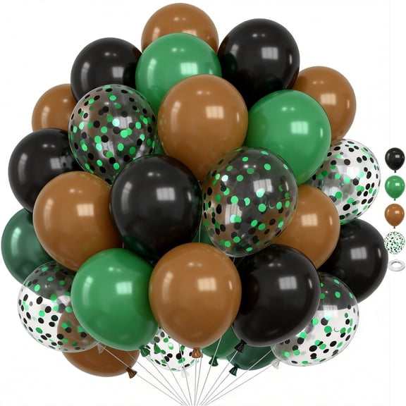 Green and Brown Balloons, 50PCS 12 Inch Dark Green Brown Black Latex Balloon Black&Green Confetti Balloon with Ribbon for Jungle Safari Theme Birthday Baby Shower Party Decorations